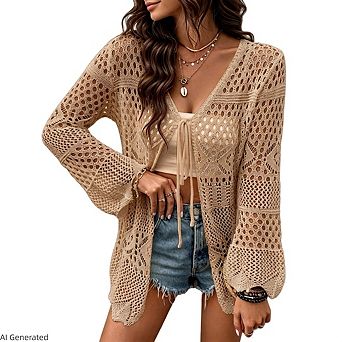 Women Crochet Lightweight Tie Front Hollow Out Long Sleeves Knit Cover Cardigans