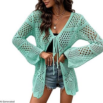 Women Crochet Lightweight Tie Front Hollow Out Long Sleeves Knit Cover Cardigans