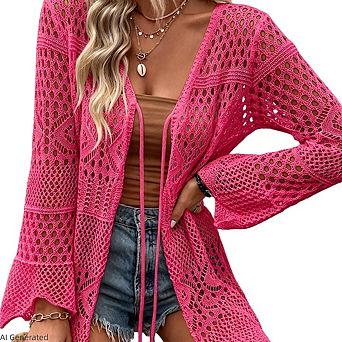 Women Crochet Lightweight Tie Front Hollow Out Long Sleeves Knit Cover Cardigans