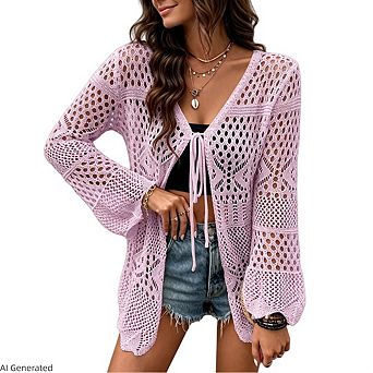 Women Crochet Lightweight Tie Front Hollow Out Long Sleeves Knit Cover Cardigans
