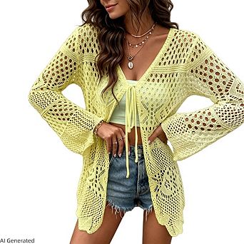 Women Crochet Lightweight Tie Front Hollow Out Long Sleeves Knit Cover Cardigans