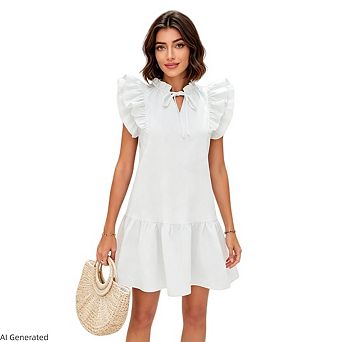 Womens V-Neck Drawstring Ruffle Cap Short Sleeve Mini Dress