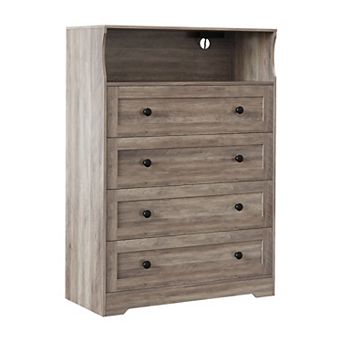 4 Drawer Tall Wood Dressers for Bedroom with LED Lights & Charging Station, Nightstand for Bedside