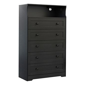 5 Drawer Tall Wooden Dressers for Bedroom with LED Lights & Charging Station, Nightstand for Bedside