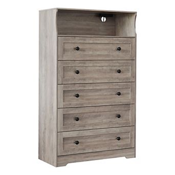 5 Drawer Tall Wooden Dressers for Bedroom with LED Lights & Charging Station, Nightstand for Bedside