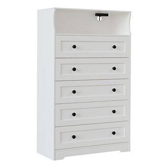 5 Drawer Tall Wooden Dressers for Bedroom with LED Lights & Charging Station, Nightstand for Bedside