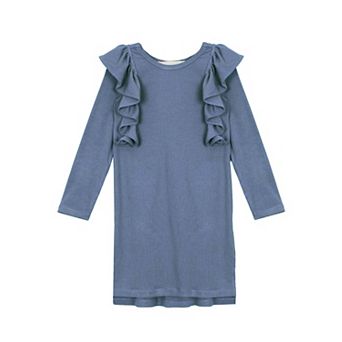 Candy Land Knit Dress Long Sleeve Ribbed Ruffle Chest Dress in Blue