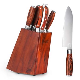 Commercial Chef 6 pc Knife Block Set - Includes Cleaver Santoku Bread and Paring Knife
