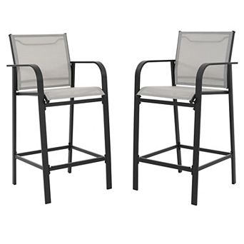 2 pc Outdoor Textilene High Bar Stools with Powder-Coated Frame, Light Gray