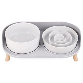 Elevated Slow Feeder Dog Bowl Set Ceramic Raised Pet Food Water Dishes Stand for Small Medium Dogs