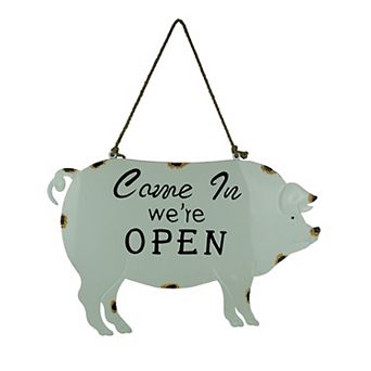 Weathered White Enamelware Farmhouse Pig Open Sign