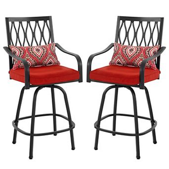 Black 2 pc Swivel Metal Outdoor Bar Stools with Red Cushions