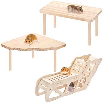 3 pc Wooden Hamster Platform Play Set for Syrian Hamsters Gerbils Mice Small Pets Raw Wood