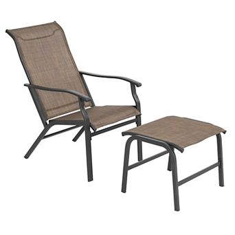 2 pc Patio All-Weather Textilene Lounge Chair with Ottoman, Brown