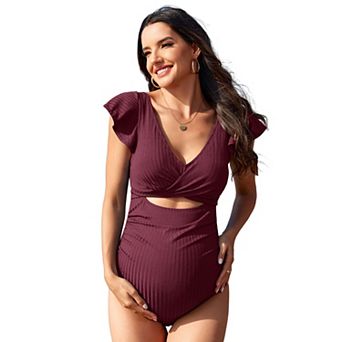 Charmo Maternity One‑Piece Swimsuit Ruffle Short Sleeve Cutout Tie Back Pregnancy Bathing Suit