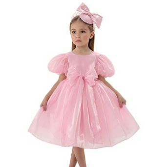 2Bunnies Girls' Glossy Organza Puff Sleeve Fit & Flare Bow Party Dress