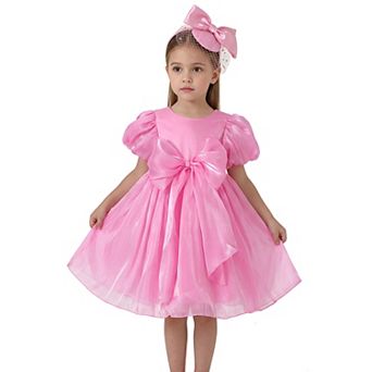 2Bunnies Girls' Glossy Organza Puff Sleeve Fit & Flare Bow Party Dress