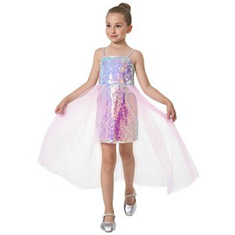 2Bunnies Girls' Ombre Sequin Dress with Tulle Waist Overskirt