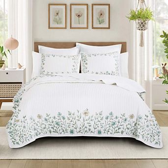 Marcielo 3 pc Lightweight Quilt Bedspread Set Reversible Floral Botanical