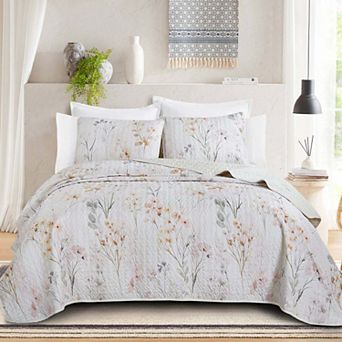 Marcielo 3 pc Lightweight Quilt Bedspread Set Reversible Floral Botanical