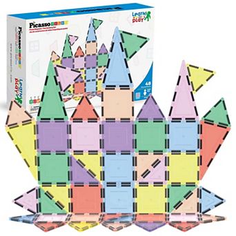 PicassoTiles 48 pc Pastel Magnetic Tiles STEM Montessori Educational Construction Toy Ages 3+