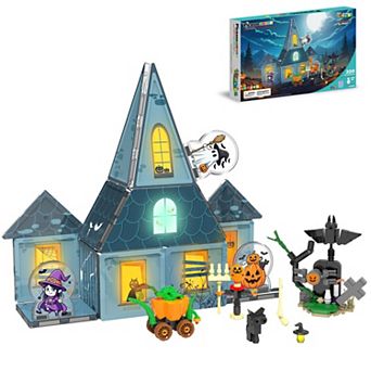 200 pc Magnetic Tiles Haunted House Building Set with 3 Characters & Pumpkin Carriage, STEM Toy 3+