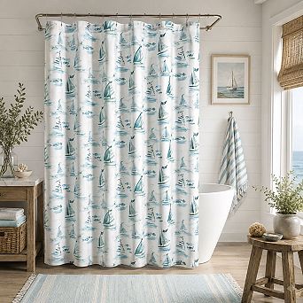 Kate Aurora Maritime Blues Coastal Sailboats And Fish Fabric Shower Curtain