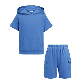 Arshiner Boys 2 pc Summer Colorblock Short Sleeve Hoodie Shorts Set with Pockets