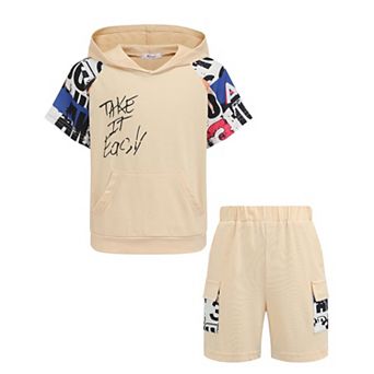 Arshiner Boys 2 pc Summer Colorblock Short Sleeve Hoodie Shorts Set with Pockets