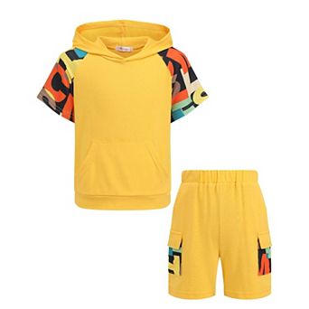 Arshiner Boys 2 pc Summer Colorblock Short Sleeve Hoodie Shorts Set with Pockets