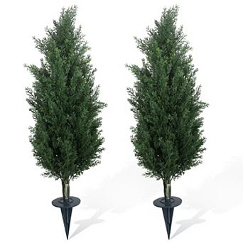 2 pc Artificial Cedar Topiary Trees, UV Resistant Faux Evergreen Plants with Ground Spike
