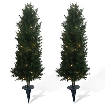 Artificial Cedar Topiary Trees Set of 2, UV Resistant Faux Evergreen Plants with Ground Spike
