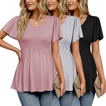 Ekouaer Maternity Shirts Three Packs Flying Short Sleeve Maternity Tops V Neck T Shirt