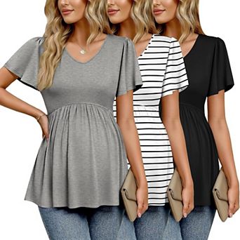 Ekouaer Maternity Shirts Three Packs Flying Short Sleeve Maternity Tops V Neck T Shirt