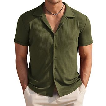 COOFANDY Men's Knit Button Down Shirt Short Sleeve Button Up Shirt Summer Casual Beach Tops