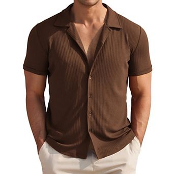 COOFANDY Men's Knit Button Down Shirt Short Sleeve Button Up Shirt Summer Casual Beach Tops