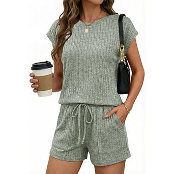 Ekouaer Rompers Summer Casual Cap Sleeve Crewneck Short Pants Jumpsuit Beach Vacation Outfit