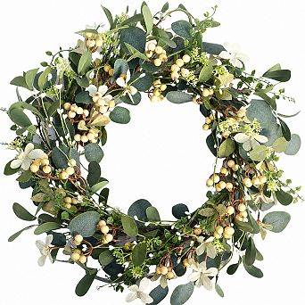 20 Inch Artificial Eucalyptberry Wreath Evergreen Leaf Front Door Wall Decor
