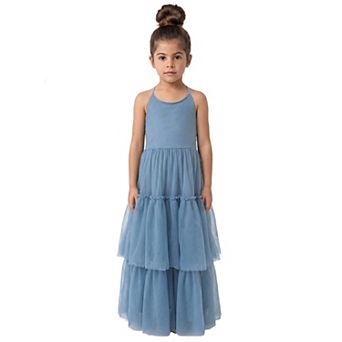2Bunnies Girls Boho Tiered Tulle Maxi Dress with Crisscross Open Back