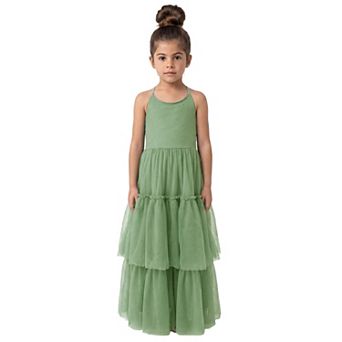 2Bunnies Girls Boho Tiered Tulle Maxi Dress with Crisscross Open Back