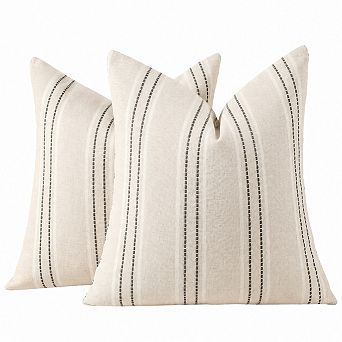 Set of 2 Striped Textured Linen Throw Pillow Covers Farmhouse Decor