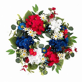 20 Inch Patriotic Hydrangea Wreath Red White Blue For Front Door Memorial Day Independence Decor