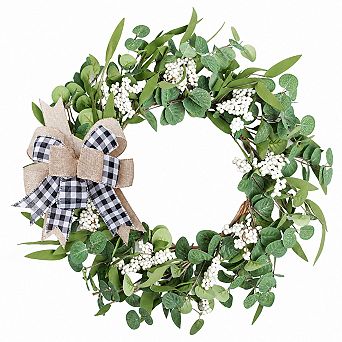 20 Inch Artificial Eucalyptus Wreath With Plaid Bow All Season Indoor Outdoor Decor