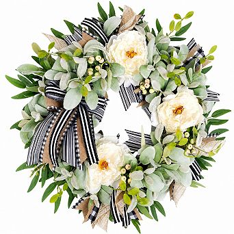 20 Inch Artificial Lamb's Ear Wreath With Peony Bow All Season Farmhouse Home Decor
