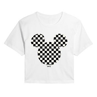 Juniors' Disney’s Mickey Mouse Checkerboard Ear Cropped Tee