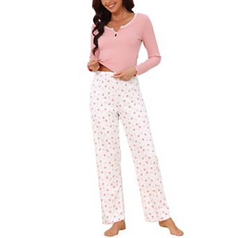 Women's 2 pc Pajama Sets Lace Trim Long Sleeve Tops Crown Print Casual Pants Ribbed Sleepwear