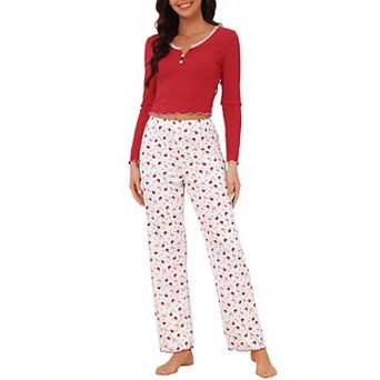 Women's 2 pc Pajama Sets Lace Trim Long Sleeve Tops Crown Print Casual Pants Ribbed Sleepwear