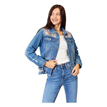 Baeful Leopard Floral Distressed Raw Hem Denim Jacket