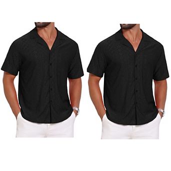 2 Packs Men's Camp Collar Shirt Button Down Short Sleeve Hollow Texture Knit Shirts