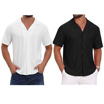 2 Packs Men's Camp Collar Shirt Button Down Short Sleeve Hollow Texture Knit Shirts